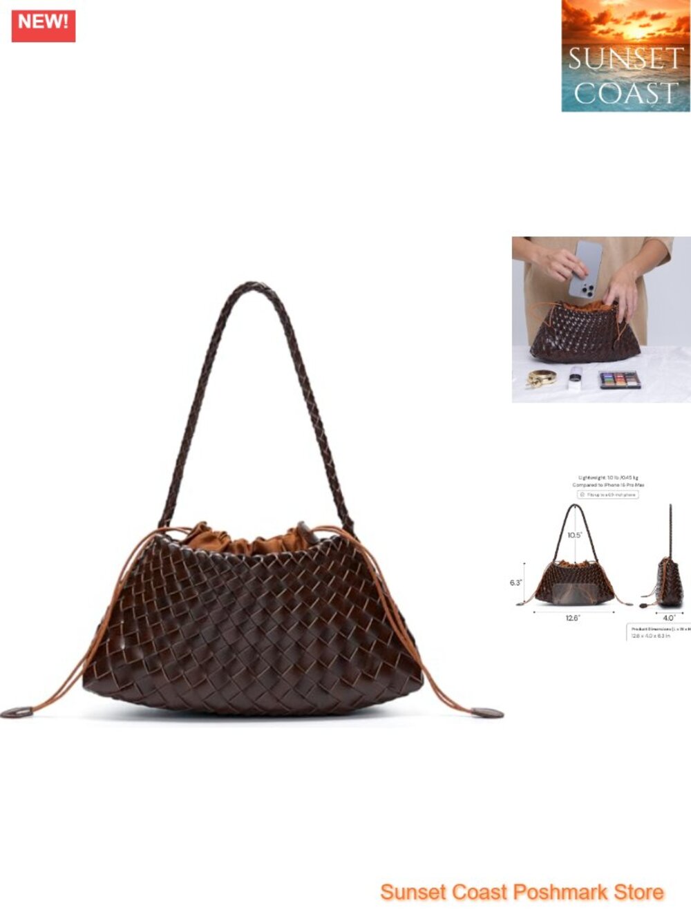 Woven Basket-Weave PU Leather Shoulder Hobo Bag with Drawstring Pouch